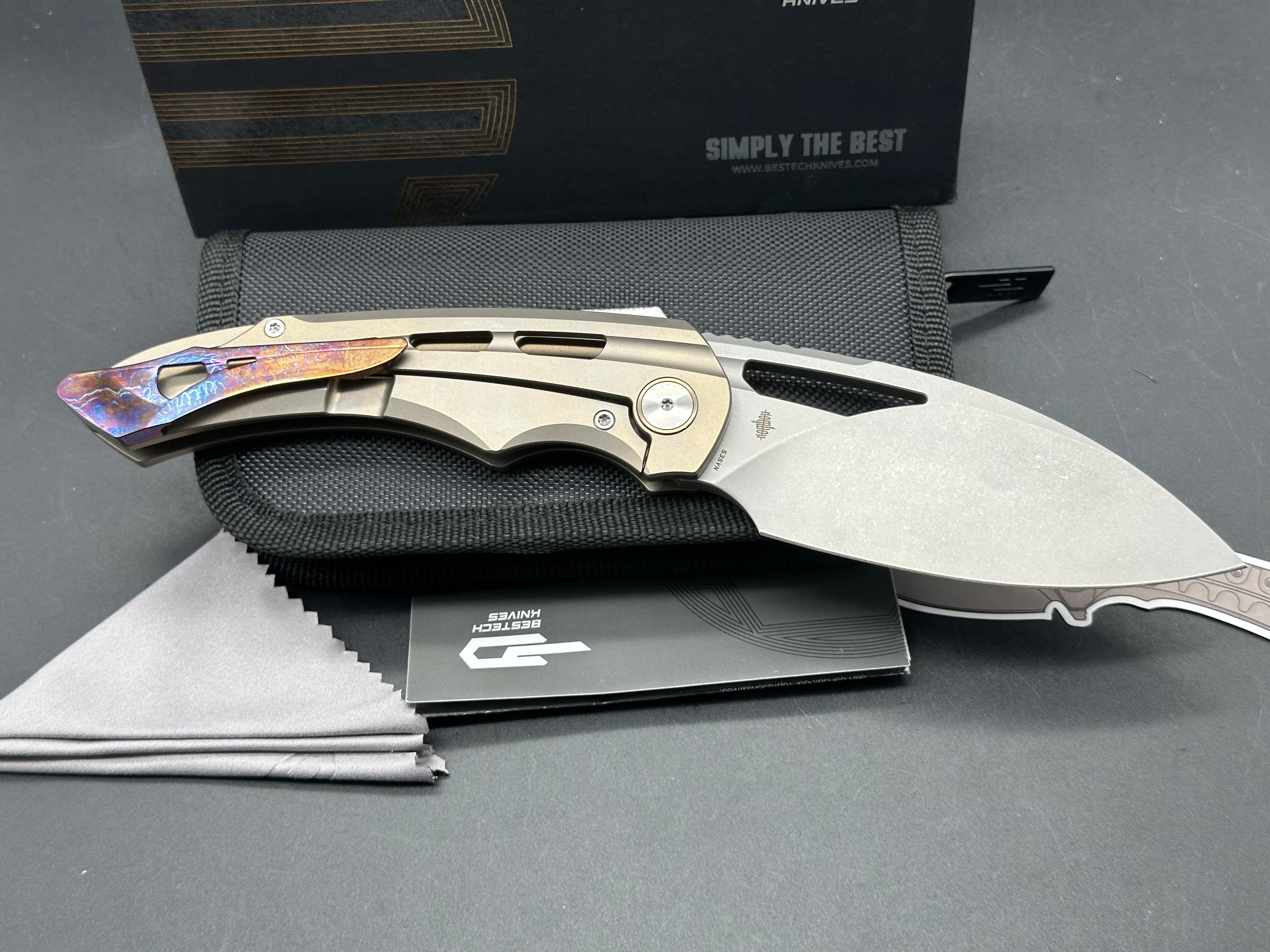 Bestech + Kombou Fairchild Folding Knife - Gold Bronze Milled Titanium Handle, Drop Point Blade, Bead Blast S35VN Steel - EDC, Outdoor, Camping, Survival Gear