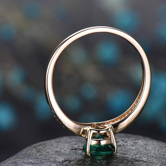Pear Cut Emerald Engagement Ring 14K Yellow Gold Handmade Diamond Ring Split Shank Stacking Band - Gemstone Promise Ring for Anniversary, Wedding, Proposal & Special Occasions