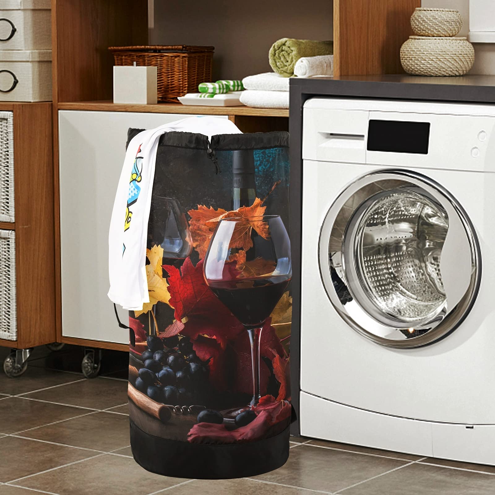 Rustic Style Autumn Fallen Leaves Wine Glass Print Laundry Bag - Adjustable Shoulder Straps & Drawstring Closure, Dorm Travel Hamper Basket for Dirty Clothes, Toy Storage (Perfect for College Dorm, Camping Trips & Laundry Room Organization)