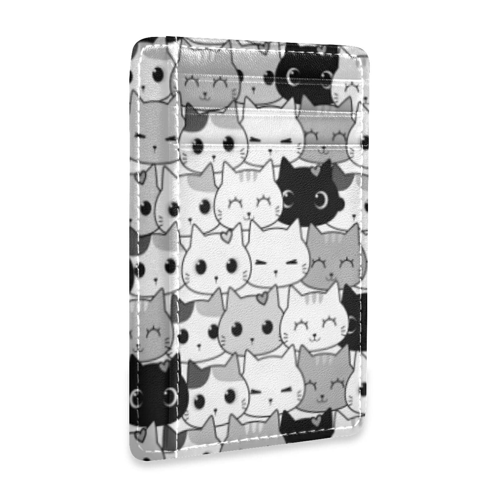 Seamless Black White Grey Doodle Cat Kitten Heads Animal Pets Texture Slim Minimalist RFID Blocking Leather Wallet - Front Pocket Credit Card Holder for Men & Women | Perfect for Everyday Use, Travel & Gift Giving