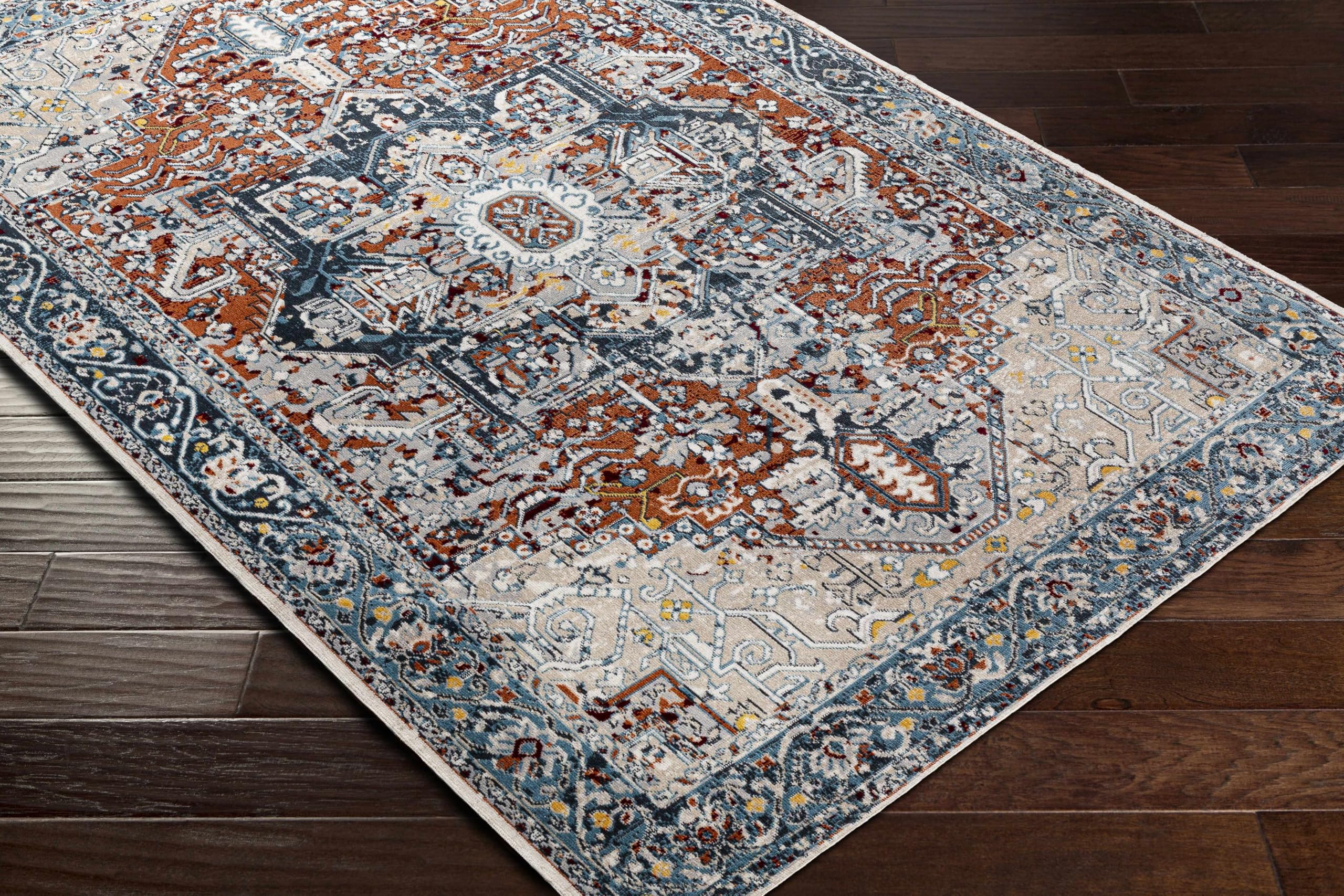 Hauteloom Uson Machine Washable Area Rug for Living Room & Bedroom - Traditional Design in Teal, Blue, Rust - 6'7