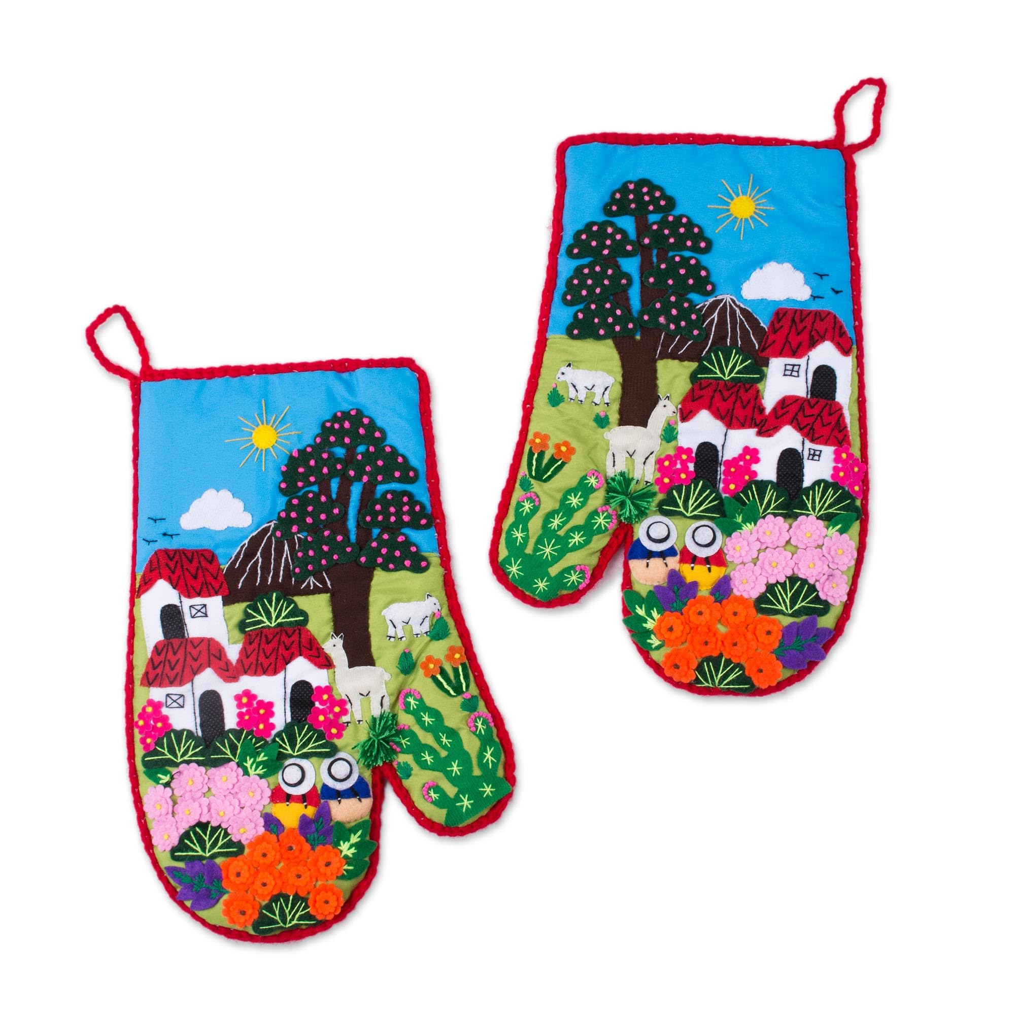 NOVICA Handmade Cotton Blend Decorative Oven Mitts - Patchwork Multicolor Peruvian Kitchen Accessories - Heat Resistant Cooking Gloves for Baking, Grilling & Home Decor - Pair (Cultural Nature 'Peruvian Country Home' Design)
