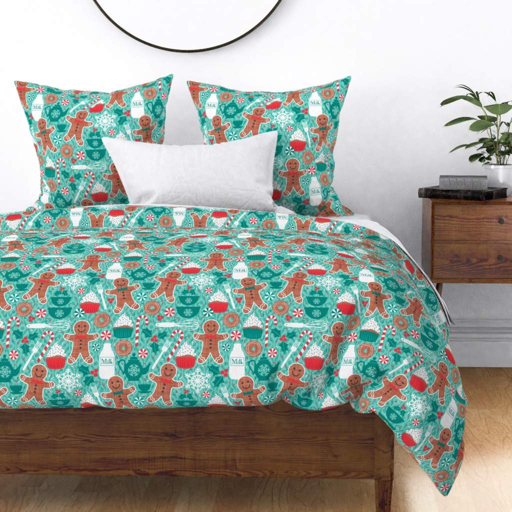 Custom Spoonflower Cotton Sateen Duvet Cover Full/Queen - Gingerbread Christmas Treats Cookie Cupcake Candy Sweets Aqua Baking Holiday Print Bedding Set | Perfect for Holiday Decor, Winter Bedroom Makeover & Cozy Seasonal Home Styling