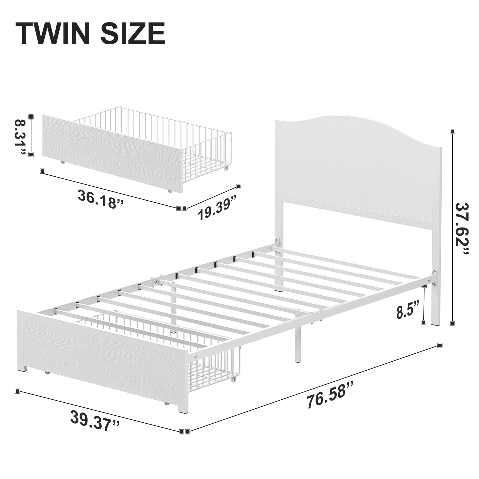 Timy Twin Bed Frame with Drawer & Wooden Headboard - Sturdy Metal Platform Bed for Kids, Boys & Girls - No Box Spring Needed - Quiet & Easy to Assemble - Perfect for Toddler Rooms, Guest Rooms & Small Spaces