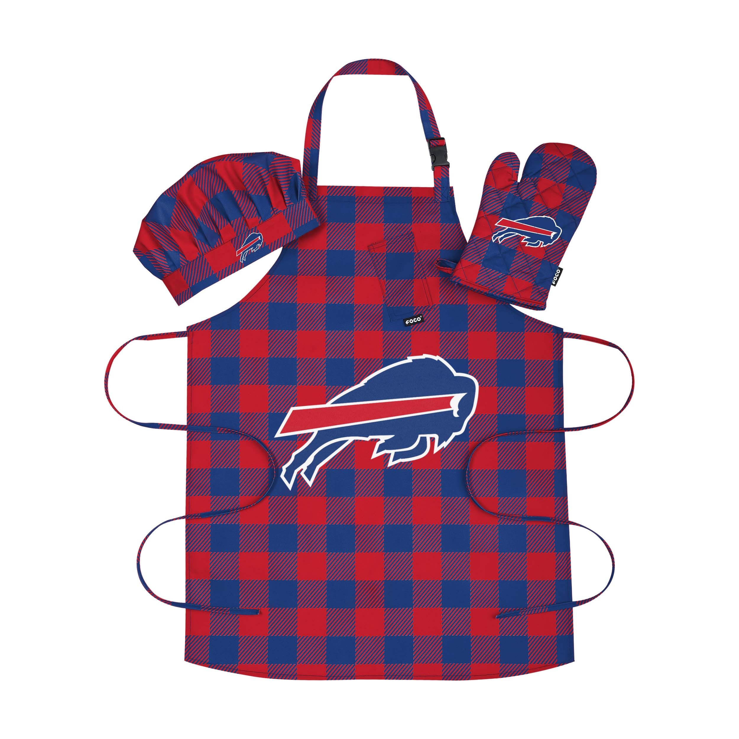 FOCO NFL Plaid Apron, Chef Hat & Oven Mitt 3-Piece Cooking Set - Perfect for Game Day Tailgating, BBQ Parties & Home Kitchen Use
