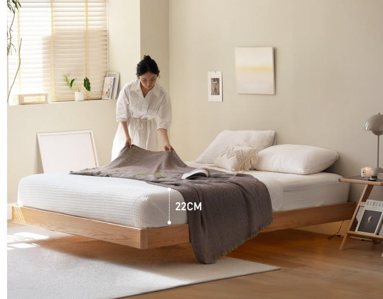 Solid Oak Wood Floating Platform Bed - No Headboard Modern Minimalist Bed Frame with LED Lights for Bedroom, Guest Room, or Studio Apartment