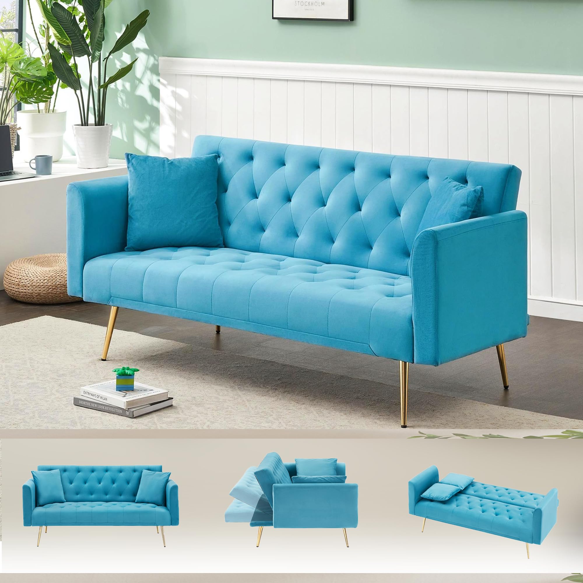 Modern Velvet Sofa Bed Futon - 2-in-1 Convertible Sleeper Couch with Golden Metal Legs & 2 Pillows - Space-Saving Folding Recliner Loveseat for Small Apartments, Living Room, Office, Guest Room (Pale Blue) - Perfect for Studio Living, Overnight Guests & Multi-Functional Spaces