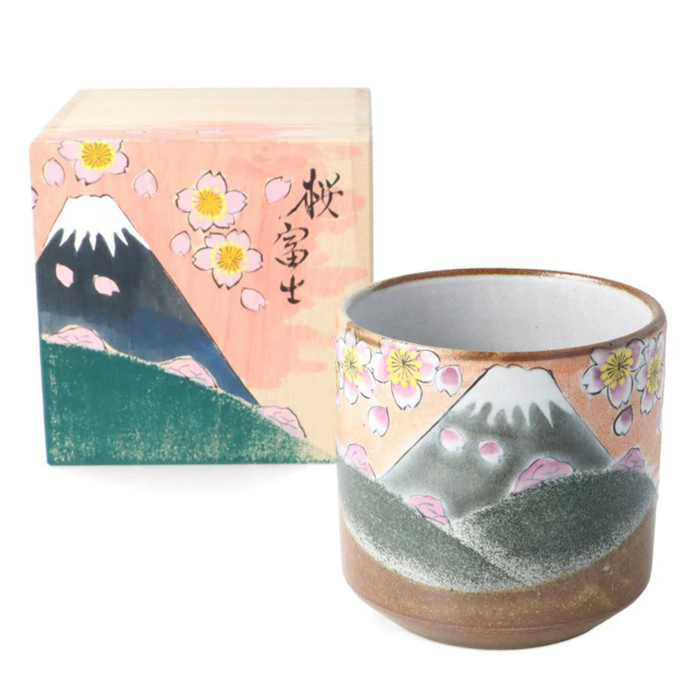 Authentic Kutani Yaki Japanese Yunomi Teacup - Handcrafted Cherry Blossom & Mt. Fuji Design - Traditional Japanese Ceramic Tea Cup for Matcha, Sencha & Daily Tea Drinking