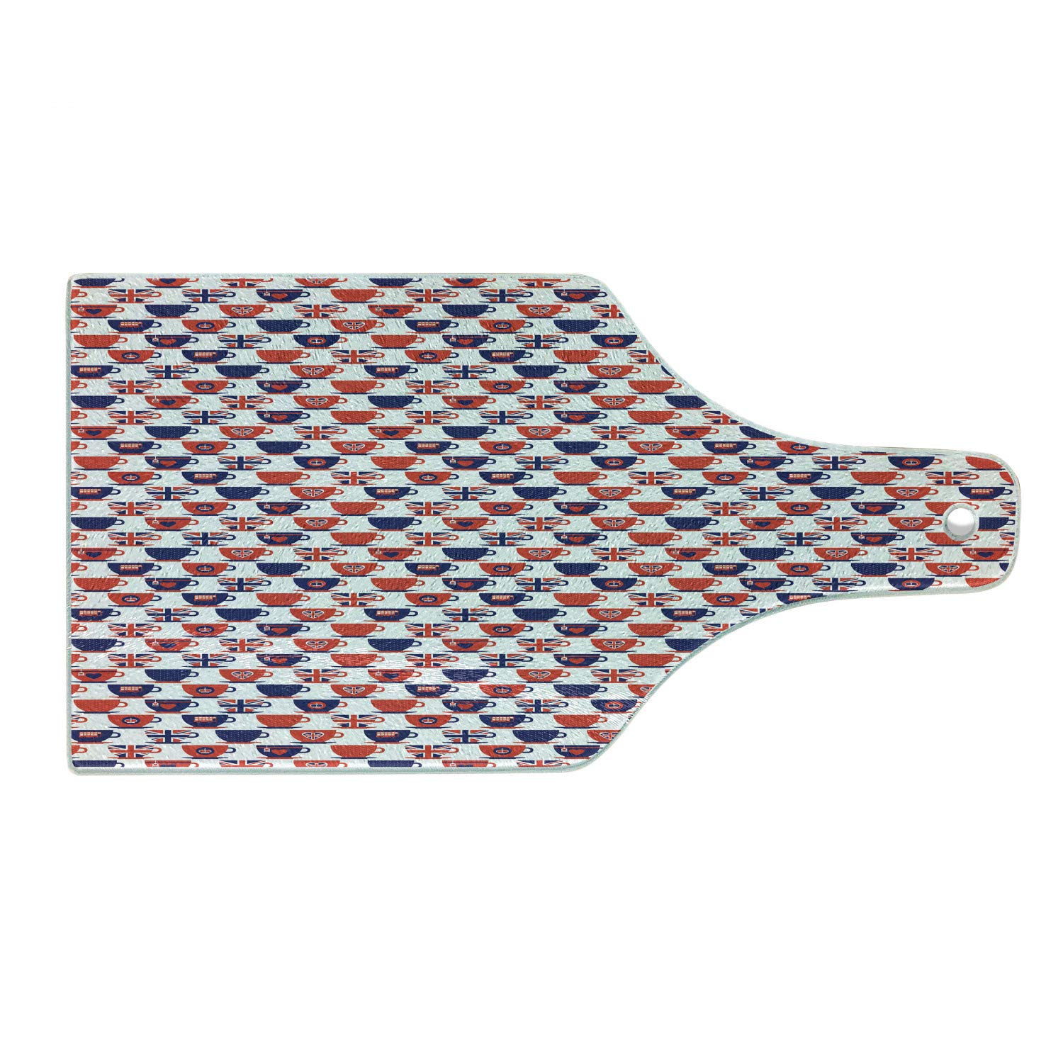 Ambesonne London Themed Cutting Board - Tea Party Flag Design with Cups, Traditional Drink & Independence Day Decor - Tempered Glass Serving Board in Wine Bottle Shape, Navy Blue & Vermilion White - Perfect for Entertaining, Holiday Parties & Kitchen Decor