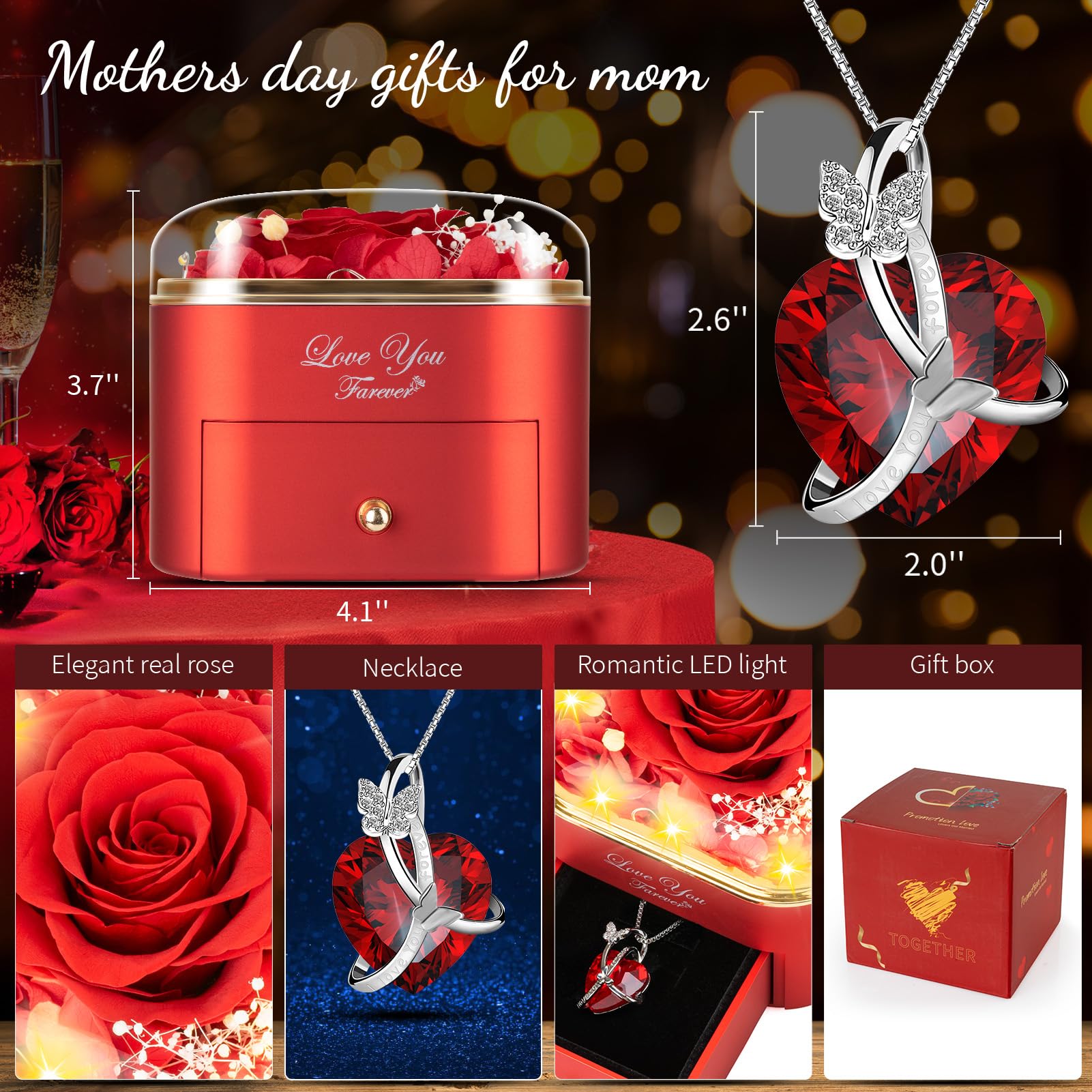 Preserved Real Red Rose in Jewelry Box with Necklace - Eternal Rose Gift for Women, Grandma, Wife, Girlfriend | Valentine's Day, Mother's Day, Christmas, Birthday, Anniversary Romantic Present | Perfect for Home Decor, Wedding Centerpiece, Special Occasion Gift