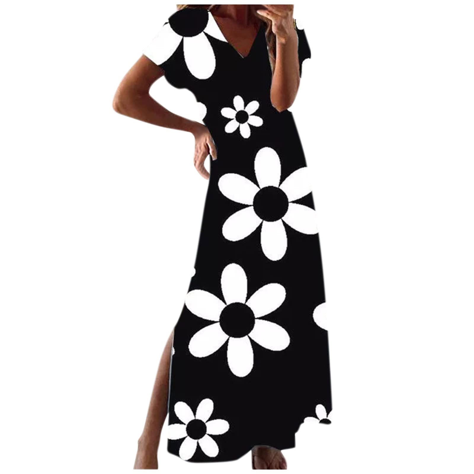 Women's Floral V-Neck Stretch Tunic Dress - Knee-Length Fitted Polyester Dress for Wedding, Party & Casual Wear | Trendy Plus Size Tops for Women