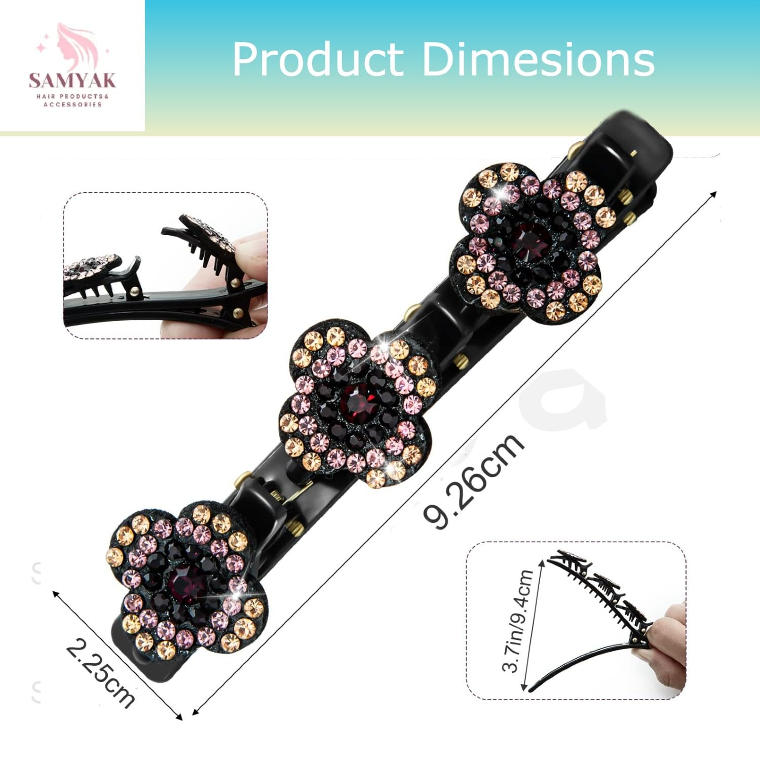Samyak 4-Piece Bohemian Stone Braided Hair Clips for Women – Sparkling Crystal Barrettes with 3 Braided Small Clips | Perfect for Weddings, Parties & Everyday Styling