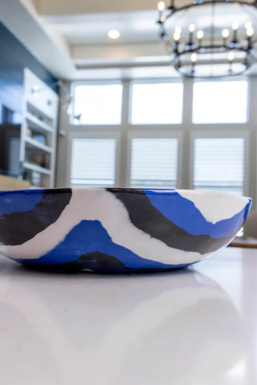 Large Handmade Nerikomi Porcelain Bowl - Abstract Geometric Design in Blue, White & Black - Perfect for Home Decor, Table Centerpiece & Unique Gift