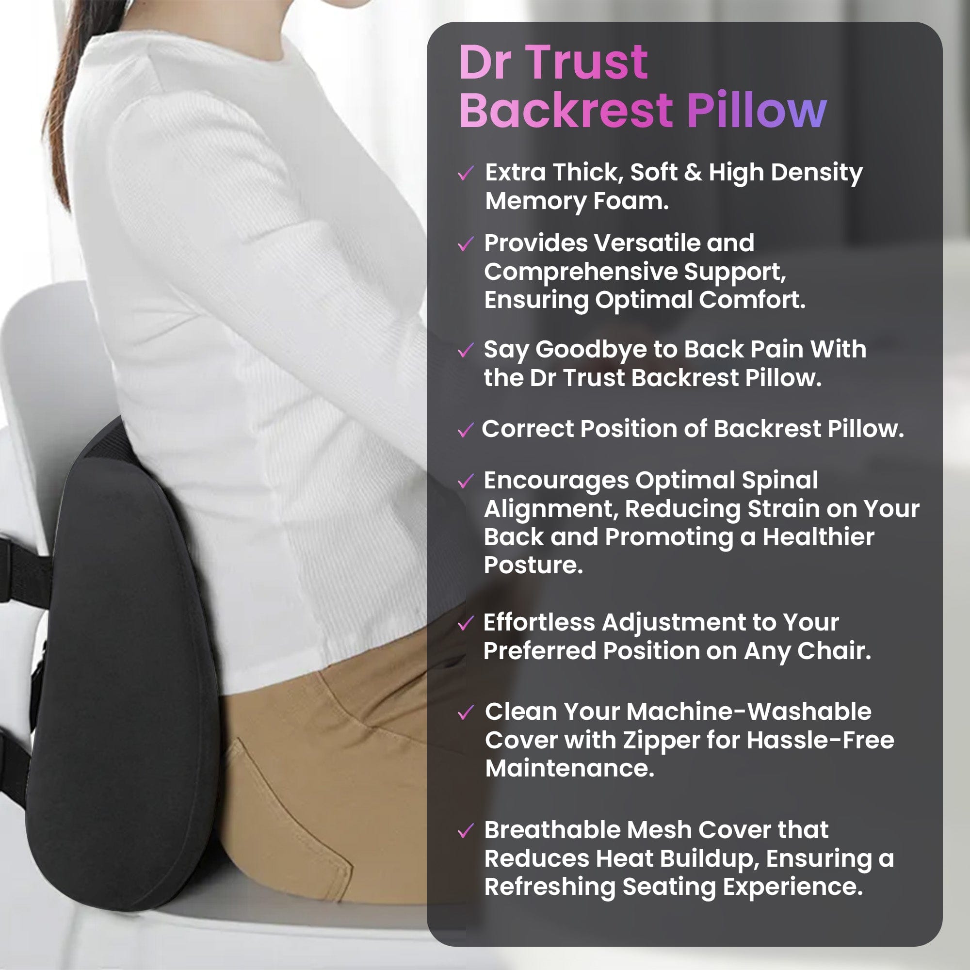Dr Trust USA Backrest Pillow 305 - Orthopedic Lumbar Support Cushion for Lower Back Pain Relief, Posture Corrector (Soft) - Perfect for Office Chair, Bed, Sofa & Car Use