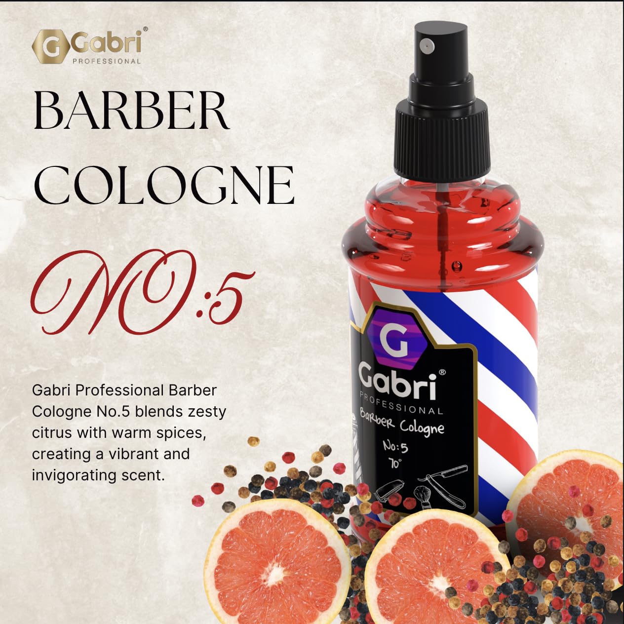Gabri Men's Cologne 250ml - Eau De Cologne & Aftershave for Men | Citrus, Warm Spice & Subtle Woody Fragrance (No5) | Perfect for Daily Wear, Grooming & Relaxation