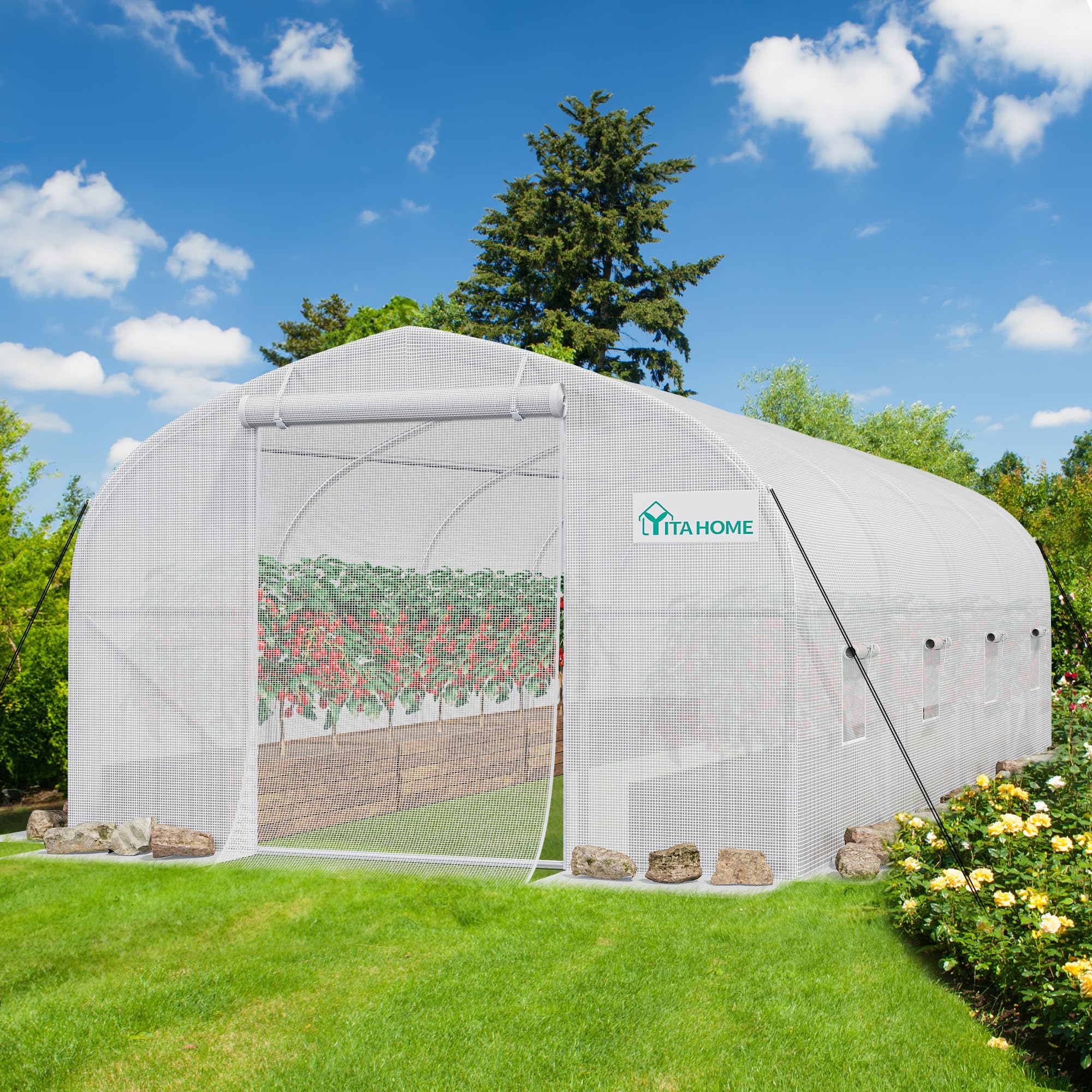 YITAHOME 20x10x6.5ft Large Heavy Duty Greenhouse with Galvanized Steel Frame - Outdoor Plant Gardening Tunnel with Zipper Doors & 7 Crossbars - Perfect for Backyard Gardening, Plant Protection, and Year-Round Growing (White)