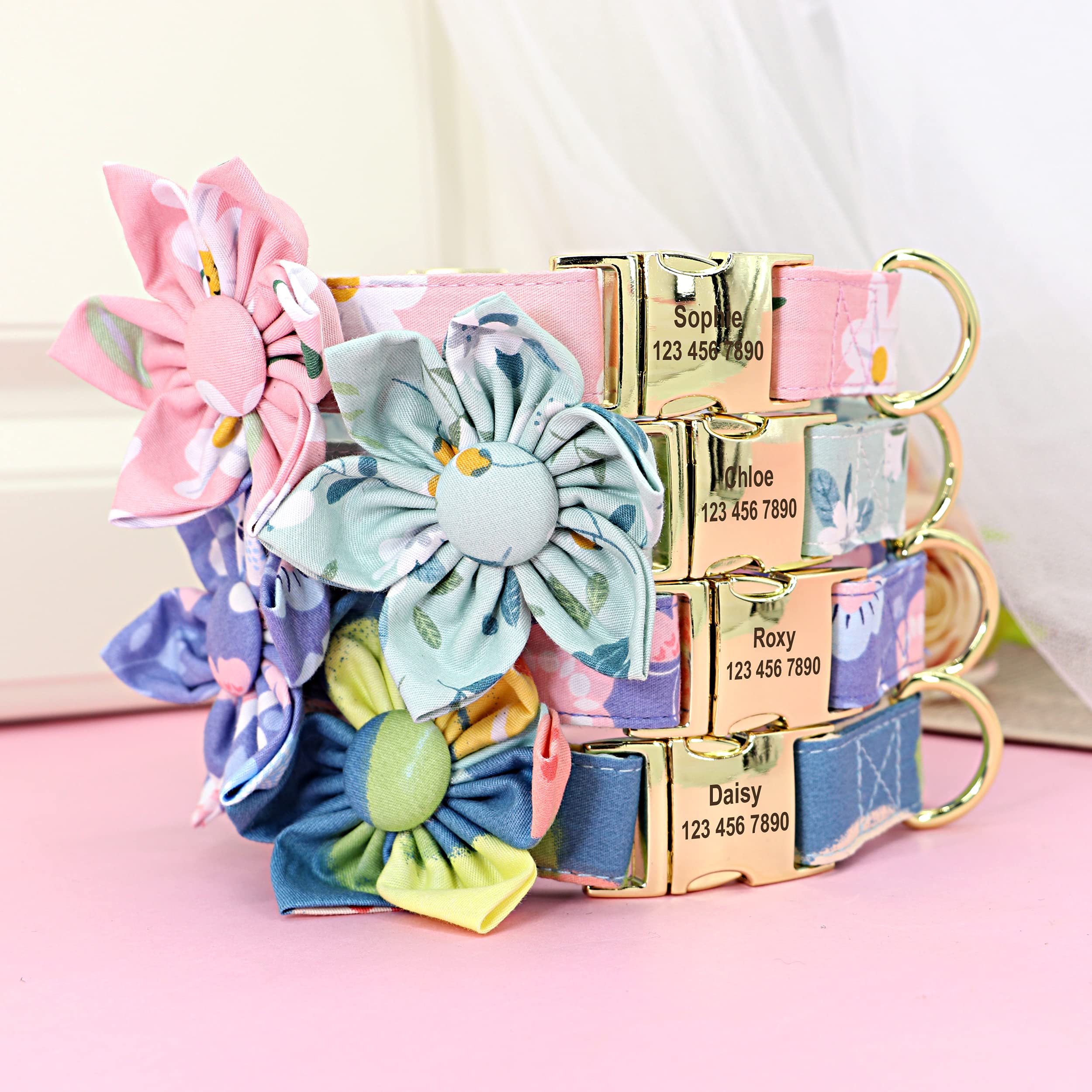 Beirui Custom Floral Dog Collar & Leash Set for Small Female Dogs - Personalized Gold Buckle Engraved Pet Collars with Daisy Pattern (Large) | Perfect for Weddings, Photo Shoots & Special Occasions