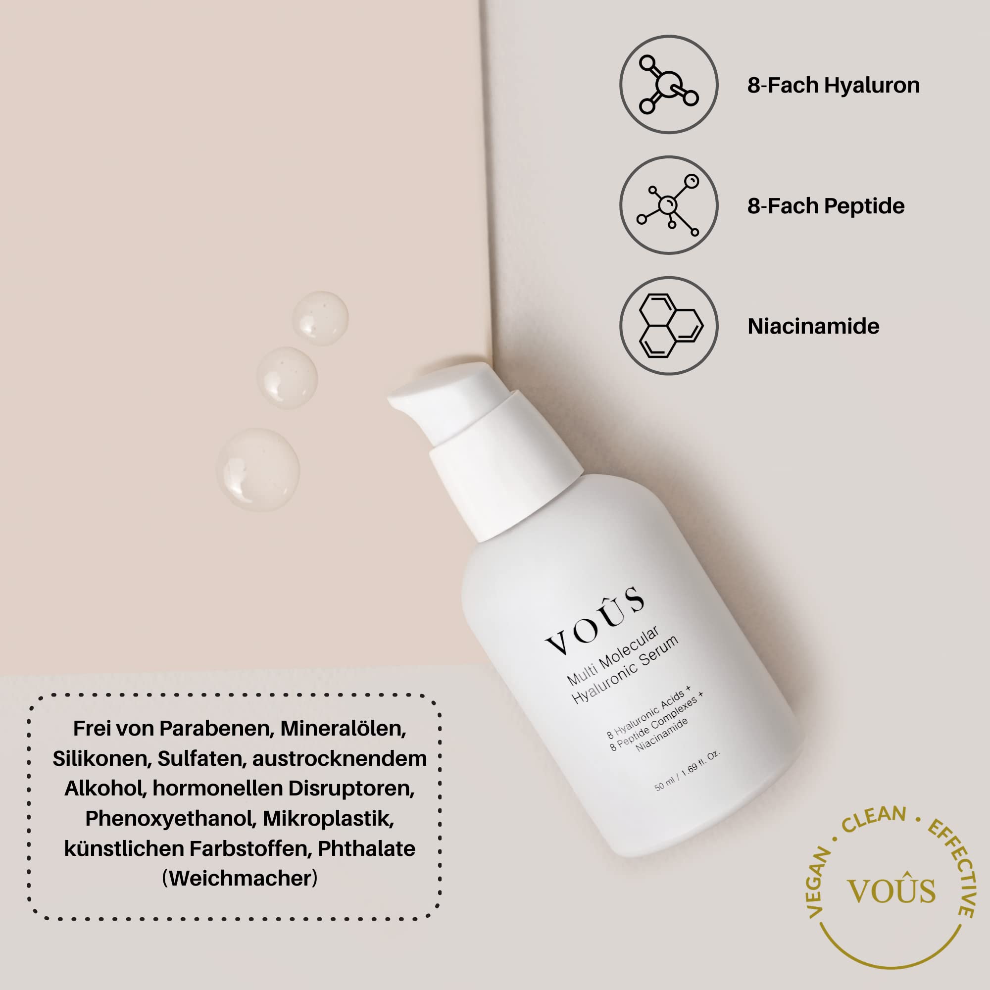 Hyaluronic Acid Serum 8X with Argireline & Matrixyl | 50ml | Niacinamide + Peptides 8X | Anti-Aging | Vegan, Clean & Natural Hydrating Skincare by VOÛS | Perfect for Dry Skin & Wrinkle Reduction