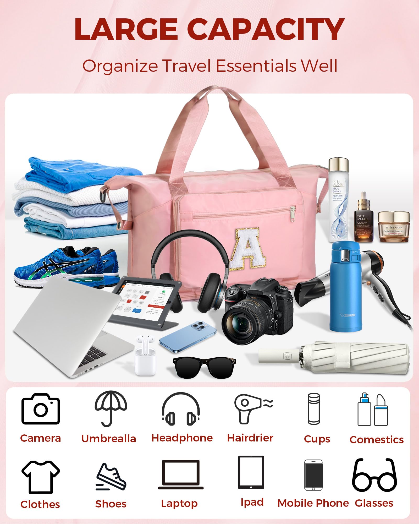 Personalized Initial Duffle Bag for Women - Pink Travel Duffel Bag with Shoe Compartment, Gym & Overnight Bag, Perfect for Weekend Getaways, Hospital Visits & Carry-On Luggage | Great Gift for Women & Girls