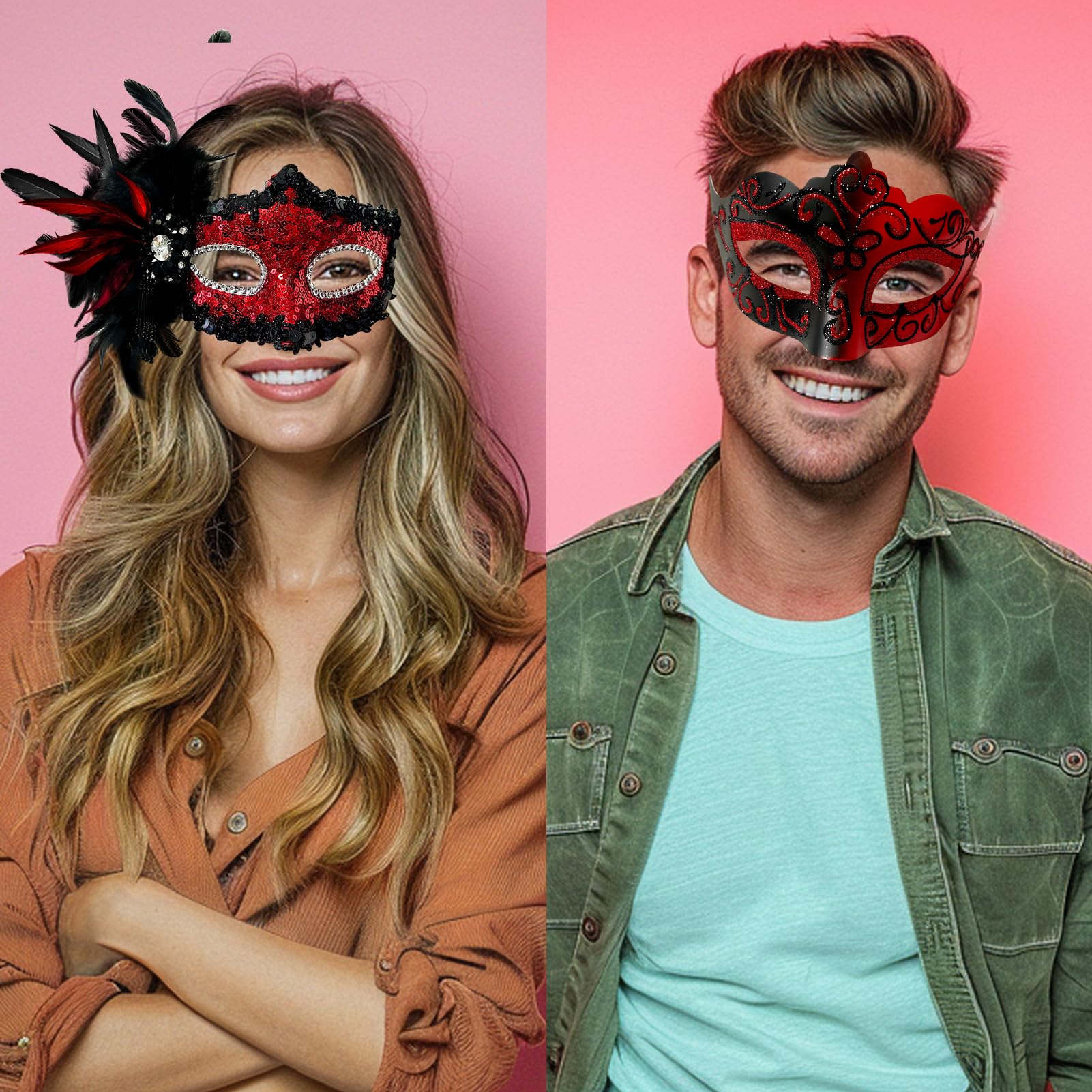 2025 New Feather Masquerade Mask for Women & Men - Elegant Couple Costume Accessory for Halloween, Mardi Gras, Ball Parties and Cosplay Events