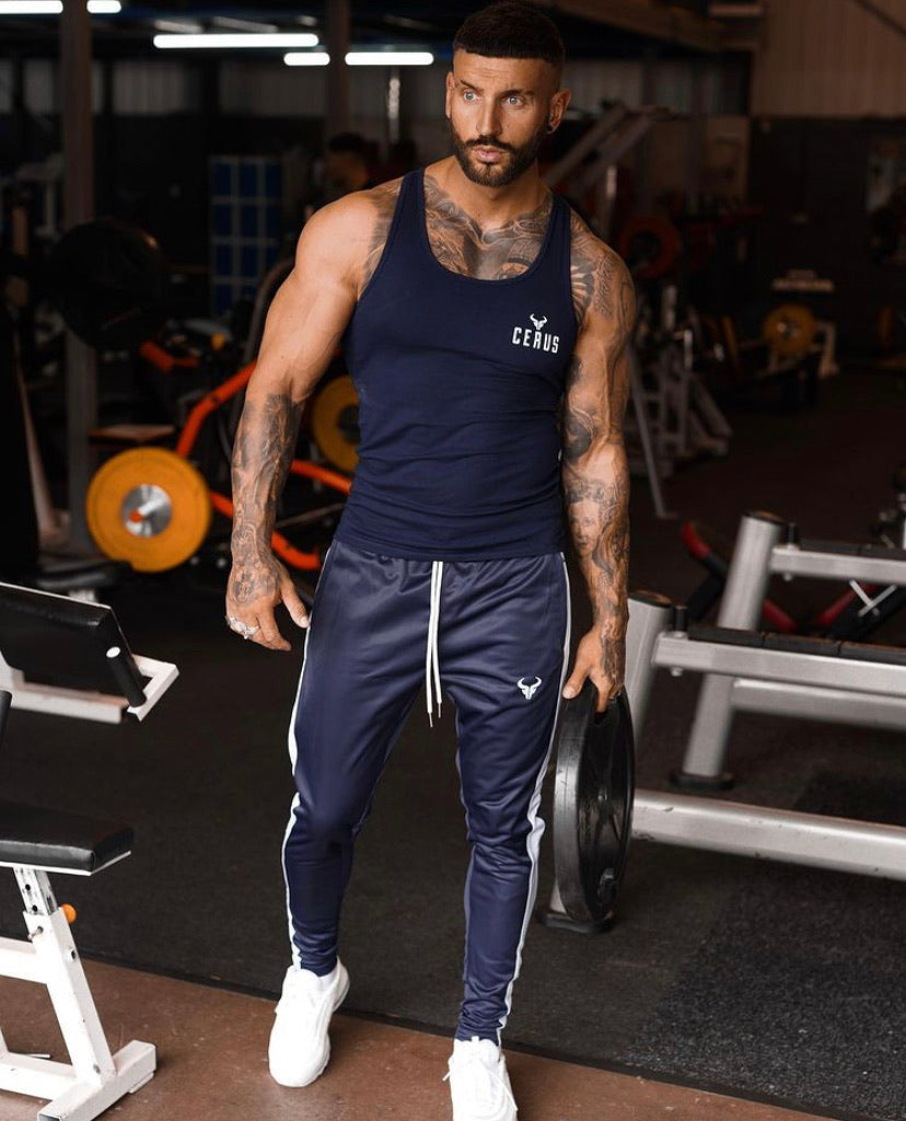 Cerus Navy Stringer Vest with White Small Print Logo - Lightweight & Breathable for Gym, Running & Outdoor Activities