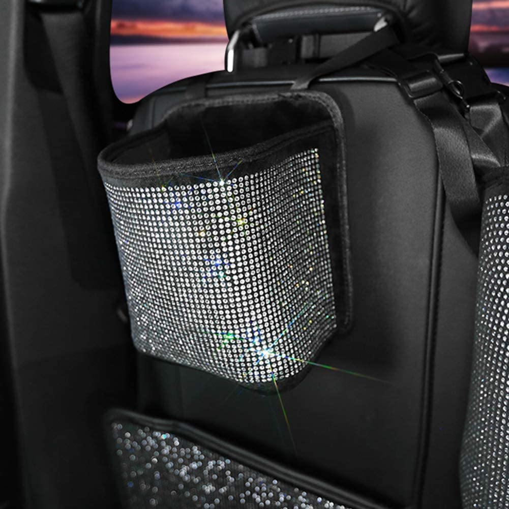 Premium Bling Crystal Car Seat Organizer - 2 Pack Diamond Car Accessory for Front/Back Seat Storage, Travel Caddy Bag & Garbage Pocket Bin (Pure White) - Perfect for Road Trips, Family Travel & Daily Commute