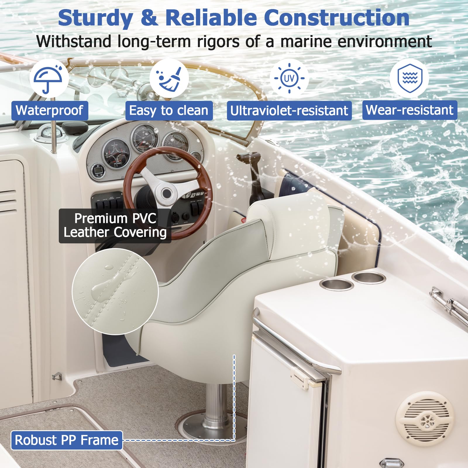Goplus Captain Bucket Seat - Waterproof PVC Leather Pontoon Boat Chair with Thick Sponge Padding & Curve Armrest, High Back Fishing Boat Seat for Pontoon, Sightseeing, and Leisure Boating (1 Pack, Ivory & Gray) - Perfect for Comfortable Fishing Trips and Relaxing Water Tours