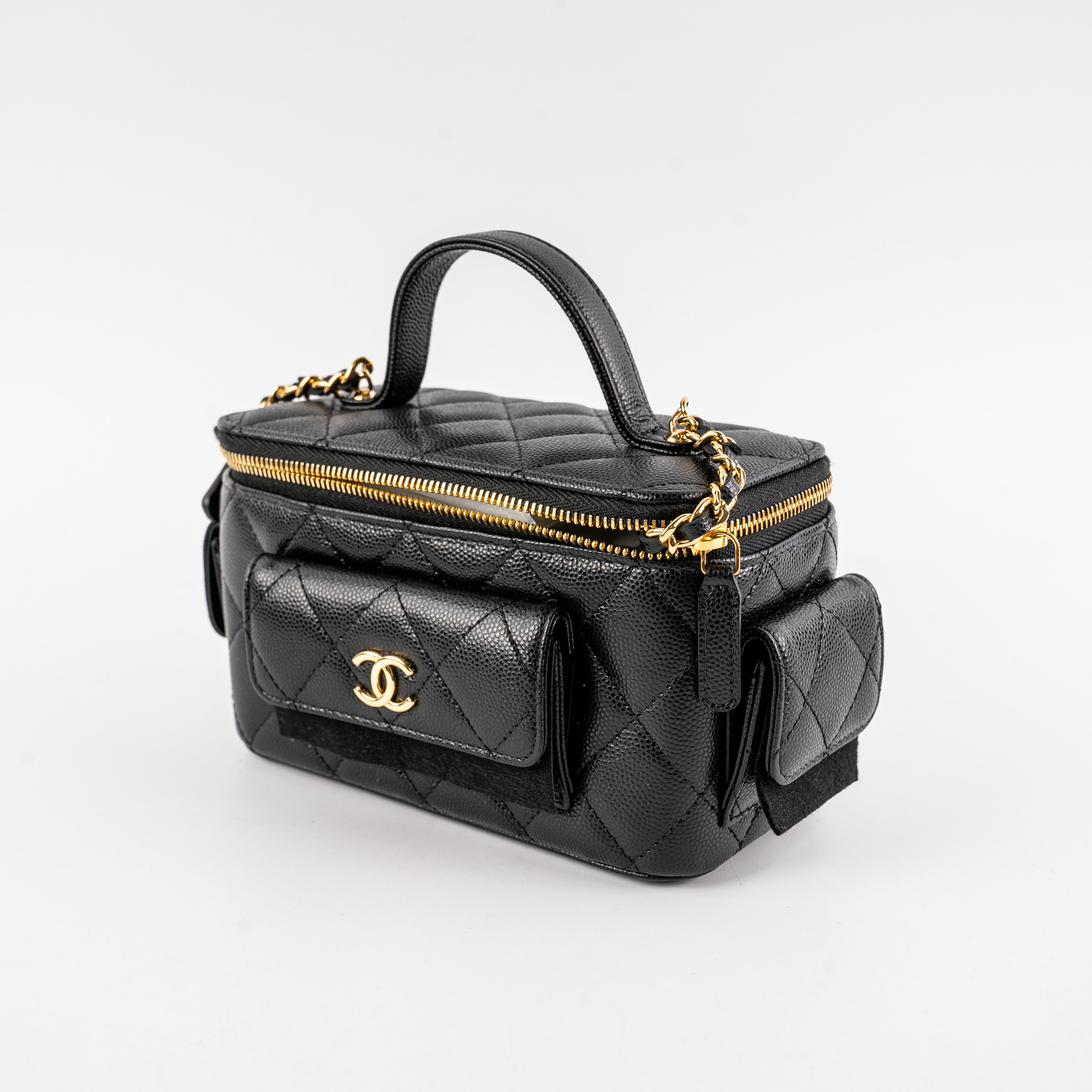 Chanel Caviar Multi Pocket Vanity Bag Black Microchip Leather Crossbody - Perfect for Travel, Parties & Everyday Luxury