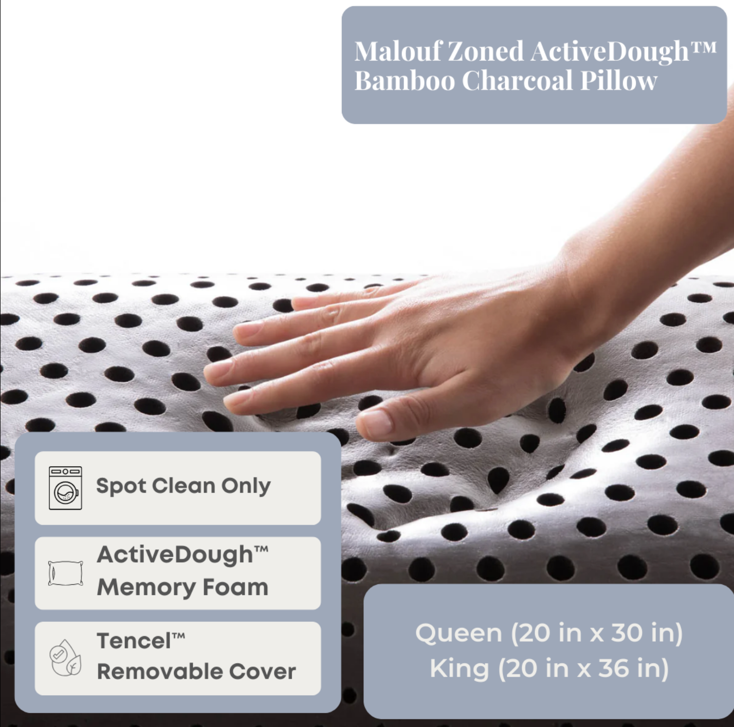 Malouf Zoned Dough + Bamboo Charcoal Pillow - Cooling Memory Foam Support for Neck & Shoulder Pain Relief - Perfect for Side, Back & Stomach Sleepers