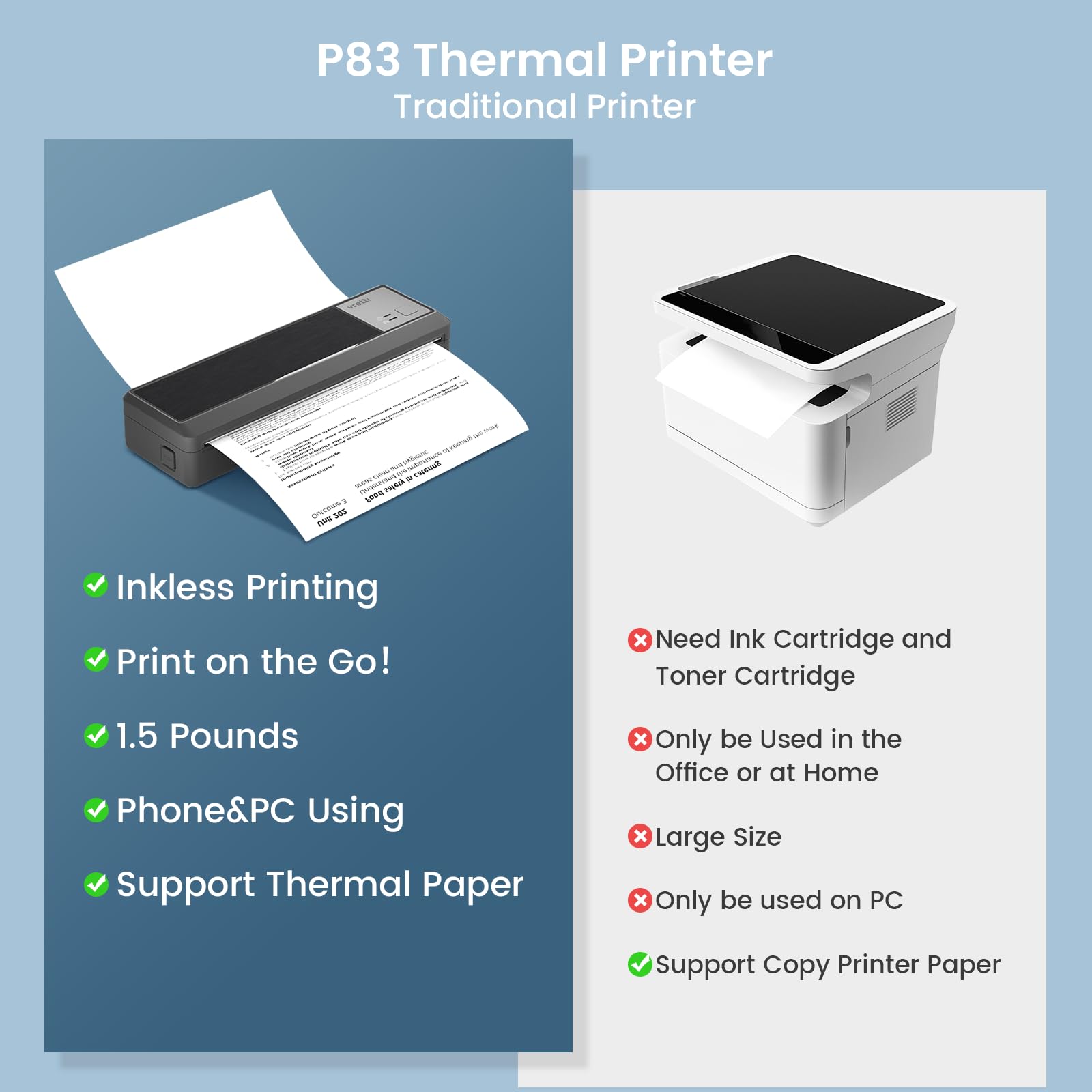 Vretti P83 Wireless Portable Thermal Printer - 304DPI Inkless Printer for iOS & Android, Instant Printing for Travel & Office, Supports 8.5