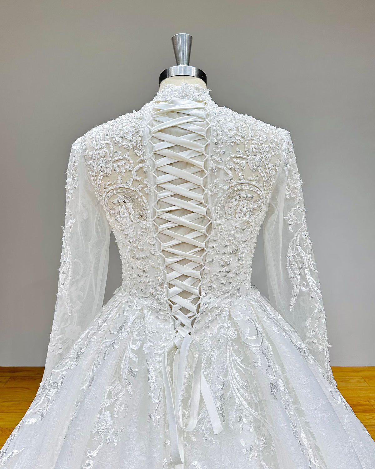 Luxury High Neck Beaded Pearls Long Sleeve Ball Gown Wedding Dress - Perfect for Bridal Ceremonies, Formal Events & Evening Galas