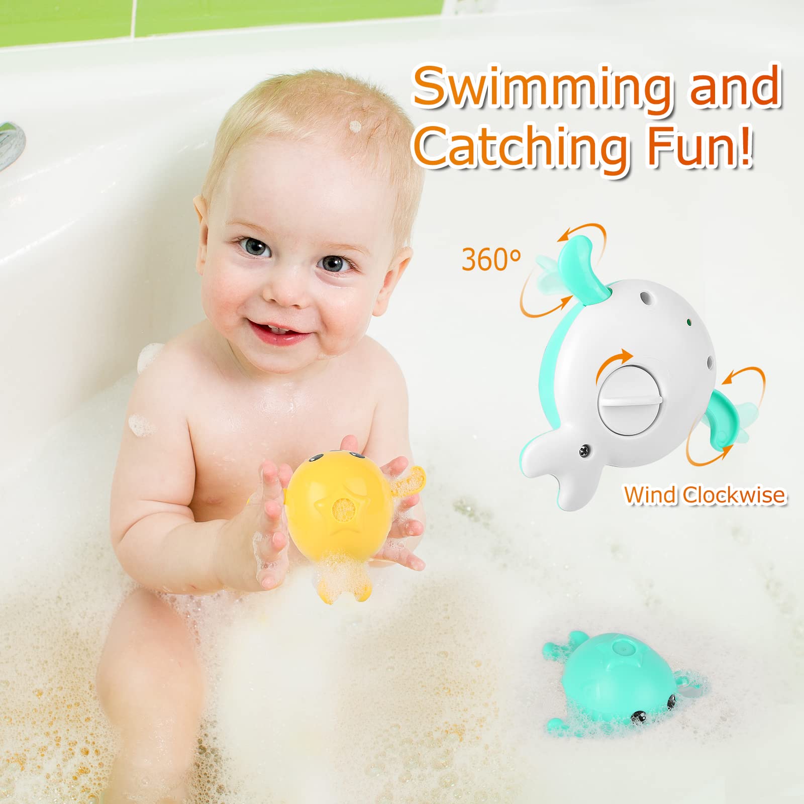 KINDIARY Magnetic Fishing Game for Kids - Baby Bath Toys with Wind-Up Swimming Whales, Fun Educational Pool Toys for Toddlers (Blue/Yellow) - Perfect for Bath Time, Pool Parties & Early Learning Activities