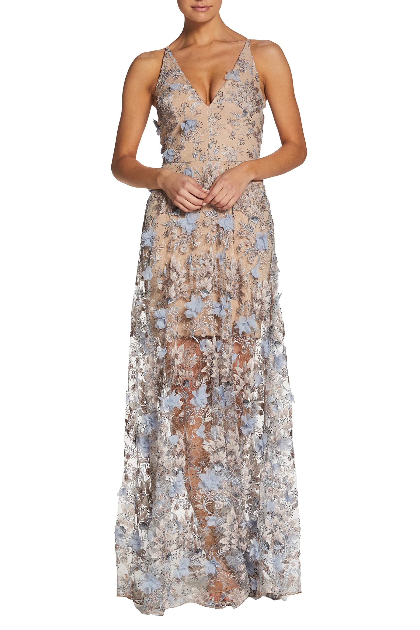 Dress the Population Women's Sidney Sleeveless Plunge Neckline Fit & Flare Maxi Dress - Elegant Formal Gown for Weddings, Parties & Special Occasions