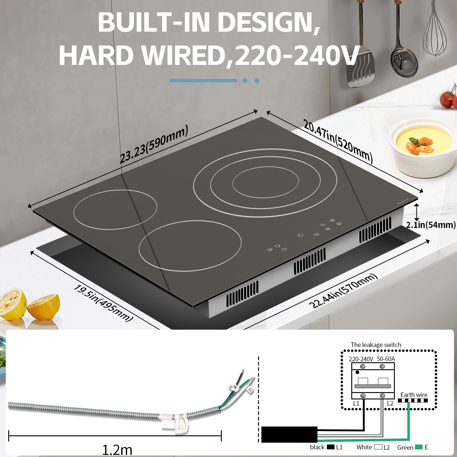 Noxton 24 Inch Electric Cooktop - 3 Burner Built-in Ceramic Stove with Expandable Cooking Zones, 5700W 220-240V Hardwired - Perfect for Home Kitchen, RV & Small Spaces