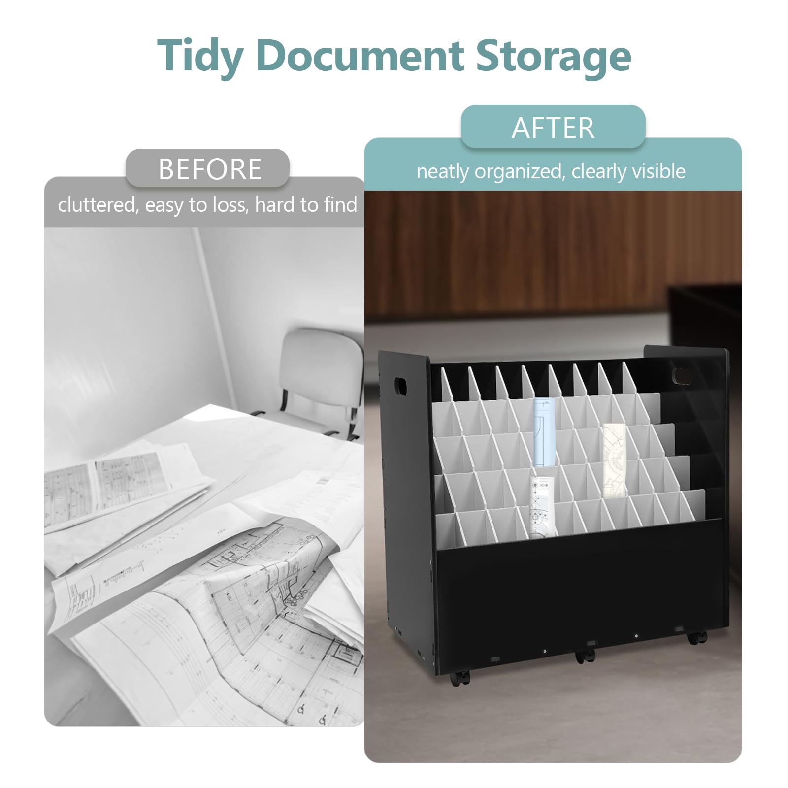 50-Slot Blueprint Storage Rack Cart with Wheels - Portable Construction Plan Holder & Organizer for Blueprints, Drawings, and Roll Files - Ideal for Architects, Engineers, and Construction Sites (Black)