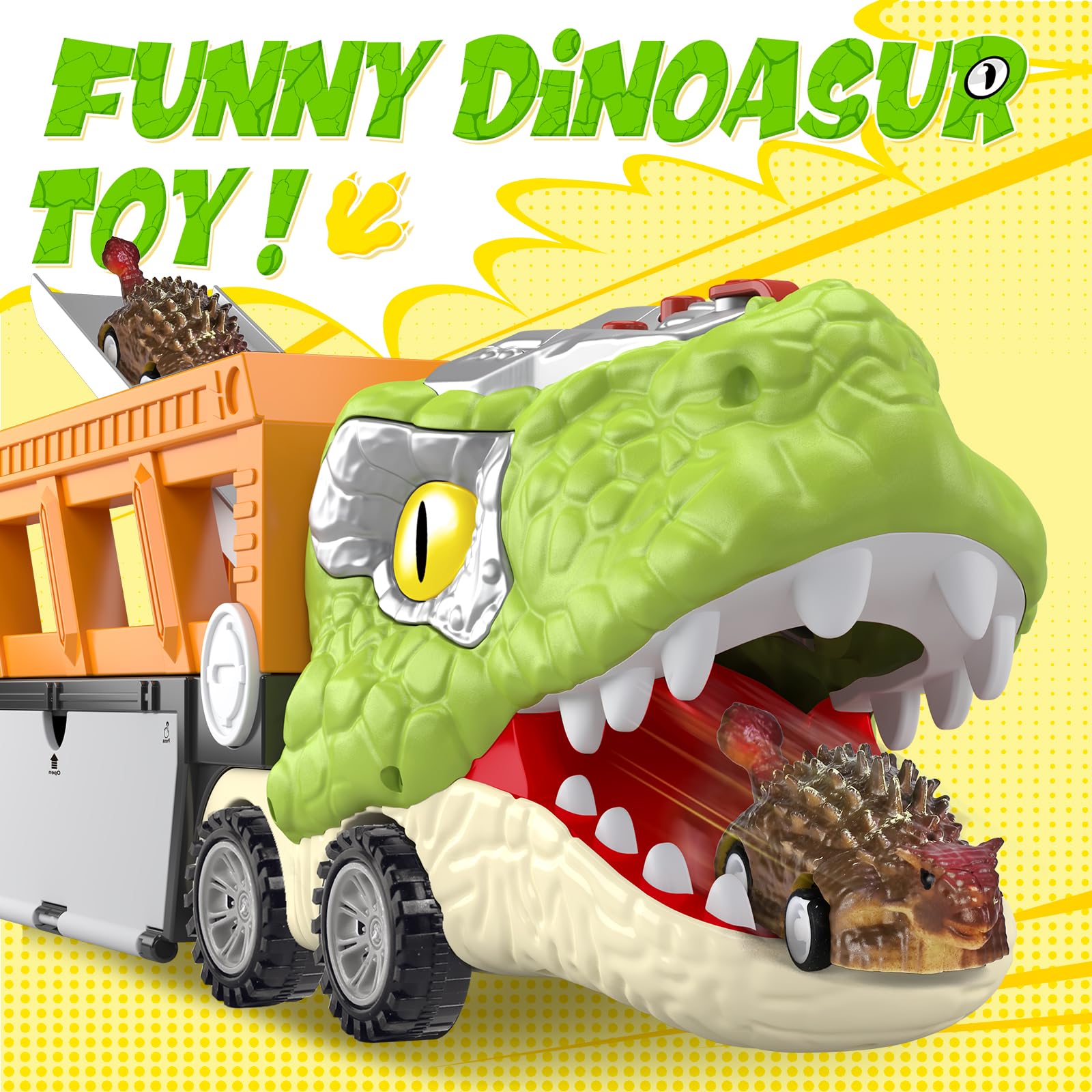 SpringFlower 11-in-1 Dinosaur Toy Truck Set with 10 Pull Back Cars - Interactive Light & Sound Dinosaur Toys for Kids Ages 3-5 - Perfect Birthday Gift for Toddler Boys - Great for Pretend Play, Outdoor Adventures & Learning About Dinosaurs