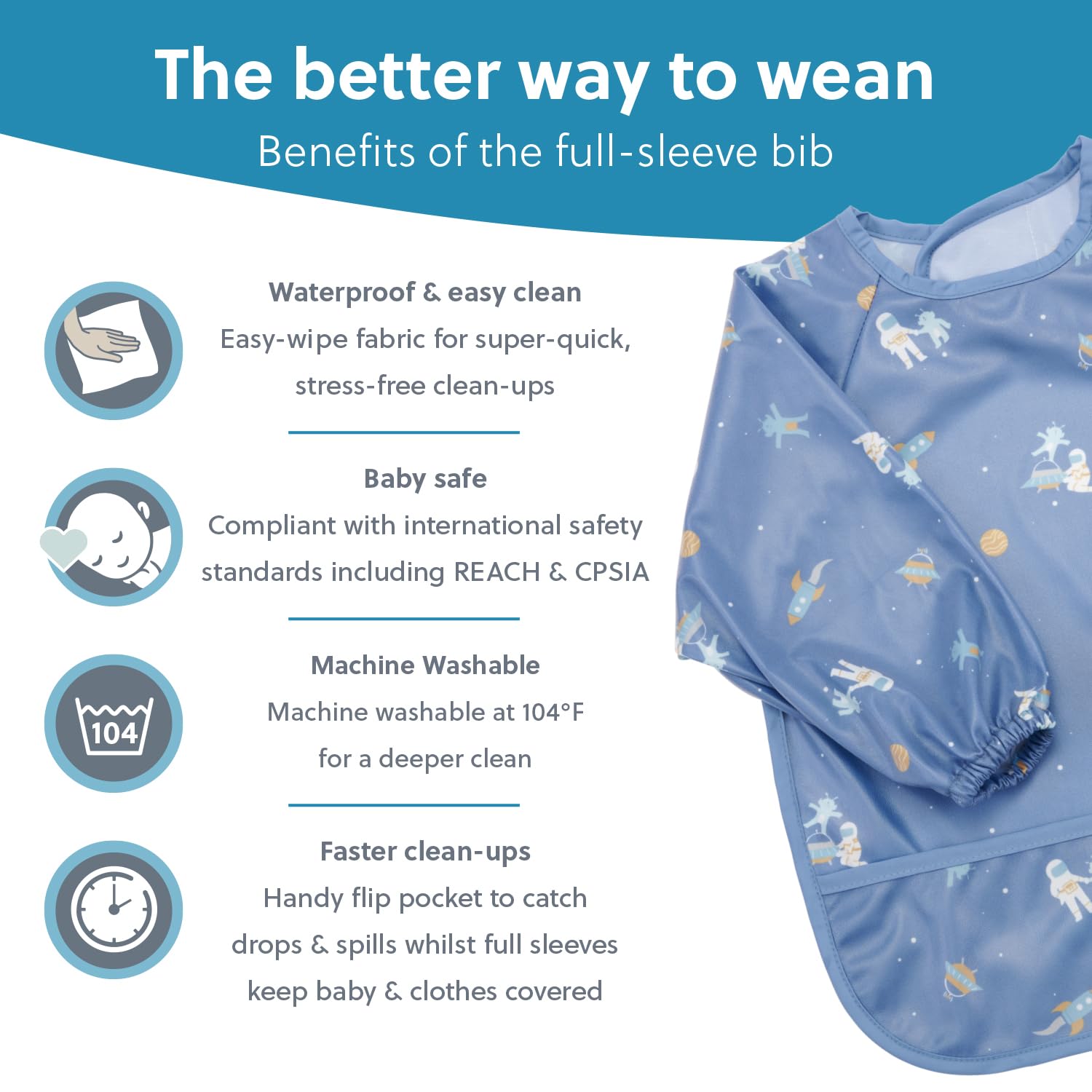 BIBaDO Mess Proof Baby Bibs - 2 Pack Long Sleeve Waterproof Bibs for Toddlers 6 Months to 3 Years | Machine Washable Feeding Bibs for Mealtime, Snacks & Art Activities