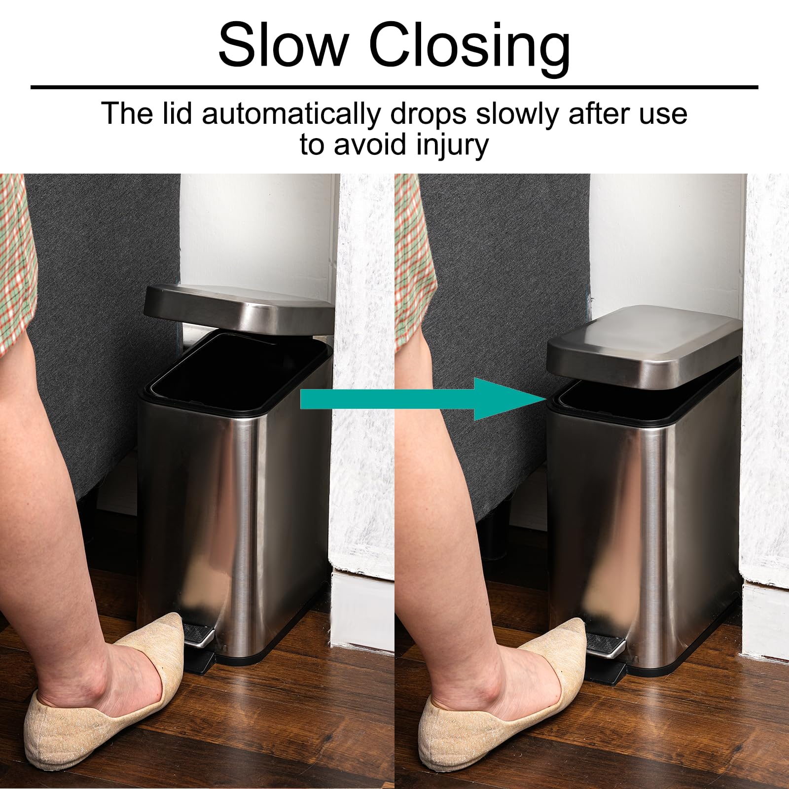 Stainless Steel Rectangular Trash Can with Lid - 5L Small Slim Step Pedal Garbage Bin, 1.3 Gallon Dog Proof Waste Basket for Bathroom, Bedroom, Kitchen & Office - Soft Close, Silver | Space Saving & Odor Control Solution