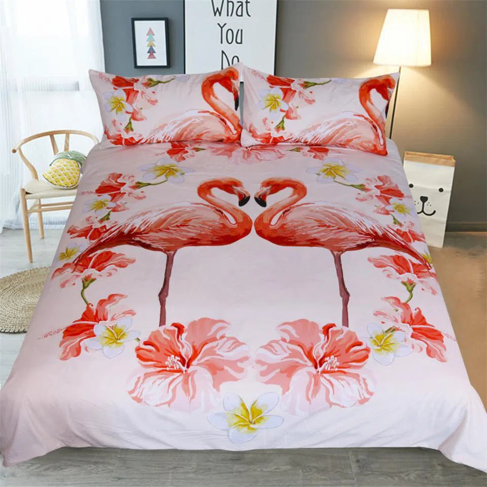 Flamingo and Hibiscus Tropical Print Bedding Set - Soft Queen Size Bed Sheets for Summer & Beach Themed Bedroom Decor