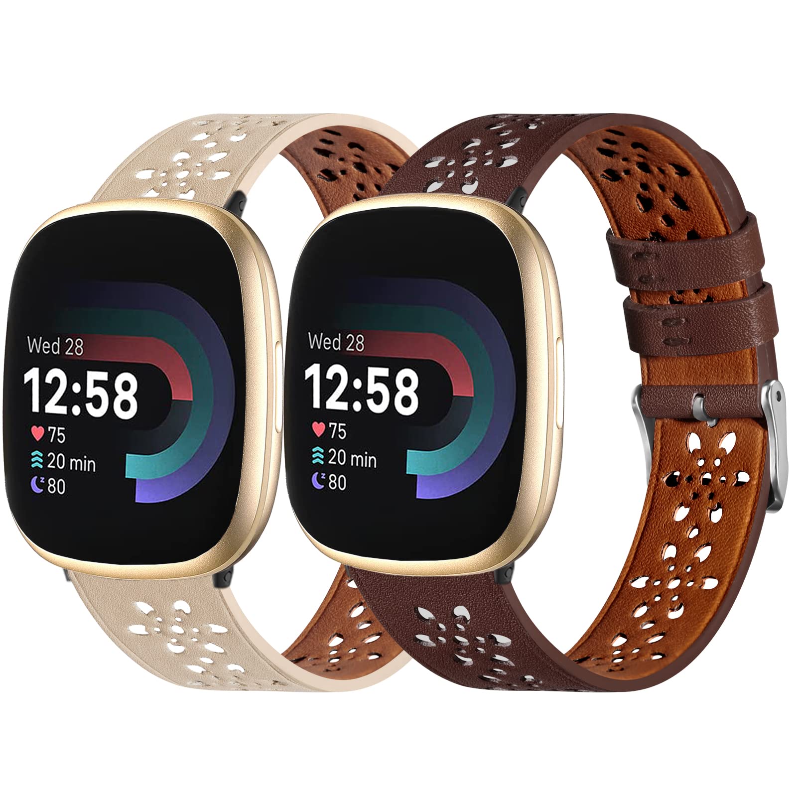 Premium Leather Replacement Bands for Fitbit Versa 3/4 & Sense 1/2 - Floral Lace Hollow-Out Design Wristbands for Women & Men - Perfect for Workouts, Office Wear & Everyday Fashion Accessories