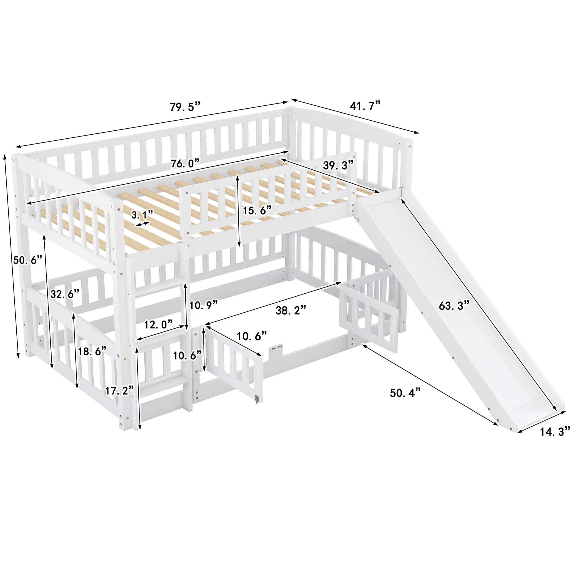 LZ LEISURE ZONE Twin Over Twin Bunk Bed with Slide - Wooden Low Bunk Bed Frame with Safety Fence & Ladder - Space-Saving Kids Bedroom Furniture (White) - Perfect for Small Rooms, Shared Kids' Bedrooms & Fun Play Areas