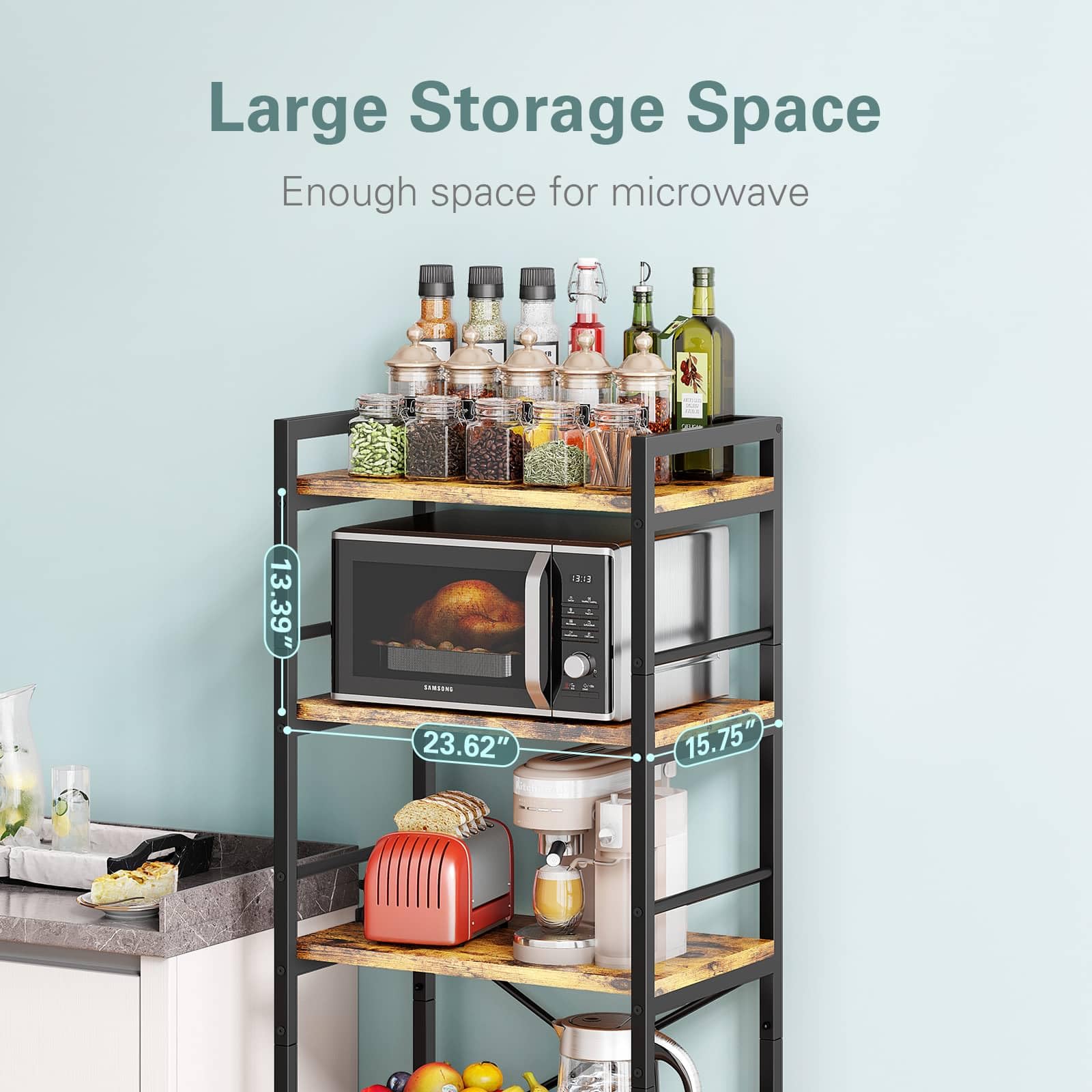 5-Tier Metal Bakers Rack for Kitchen Storage - Industrial Microwave Stand, Coffee Bar Organizer, Space-Saving Kitchen Shelf (23.6