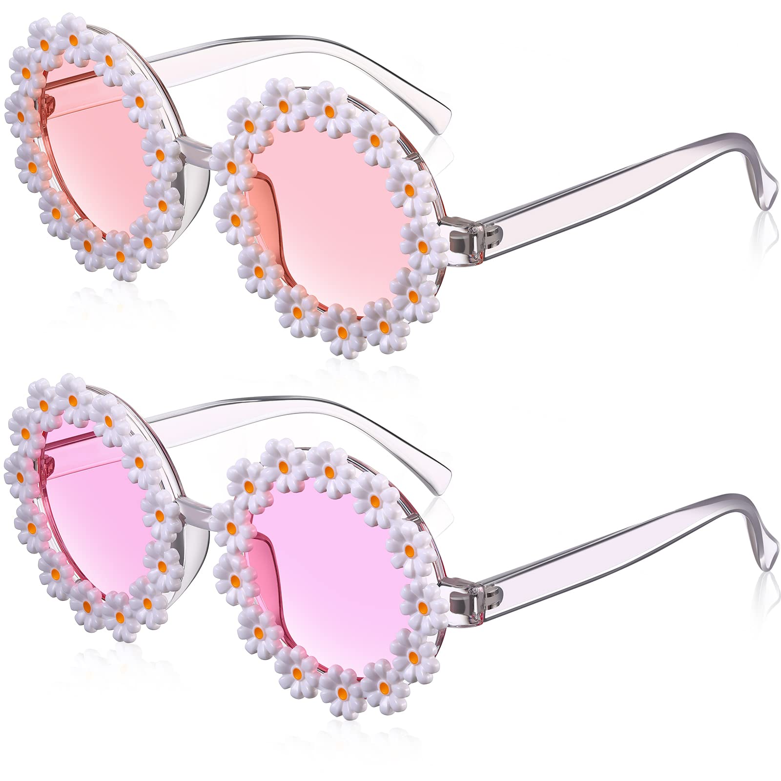 2 Pairs Daisy Flower Sunglasses for Women & Kids - Round Retro Flower Frame UV Protection Sunglasses with Flannel Bag - Perfect for Beach, Summer Outfits & Fashion Accessories
