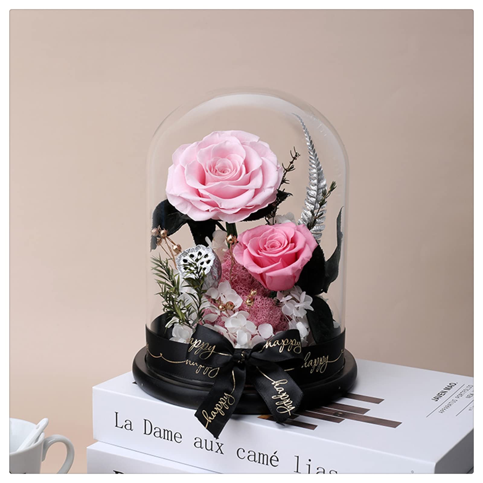 YEHEI Eternal Rose in Glass Dome with LED Light - Real Preserved Rose Gift for Wedding, Valentine's Day, Mother's Day - Beauty and The Beast Inspired Romantic Present for Her - Perfect for Home Decor, Anniversary Surprise & Special Occasion Gift
