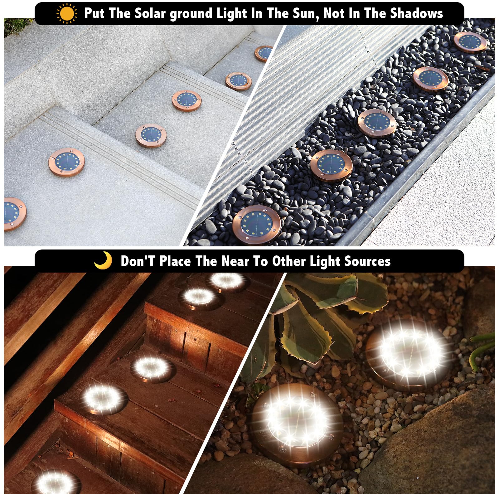 12 LED Solar Ground Lights Outdoor Waterproof - 8 Pack Flat Garden Solar Disk Lights for Pathway, Driveway, Yard & Patio - Durable Landscape & Garden Decor with Auto On/Off at Night