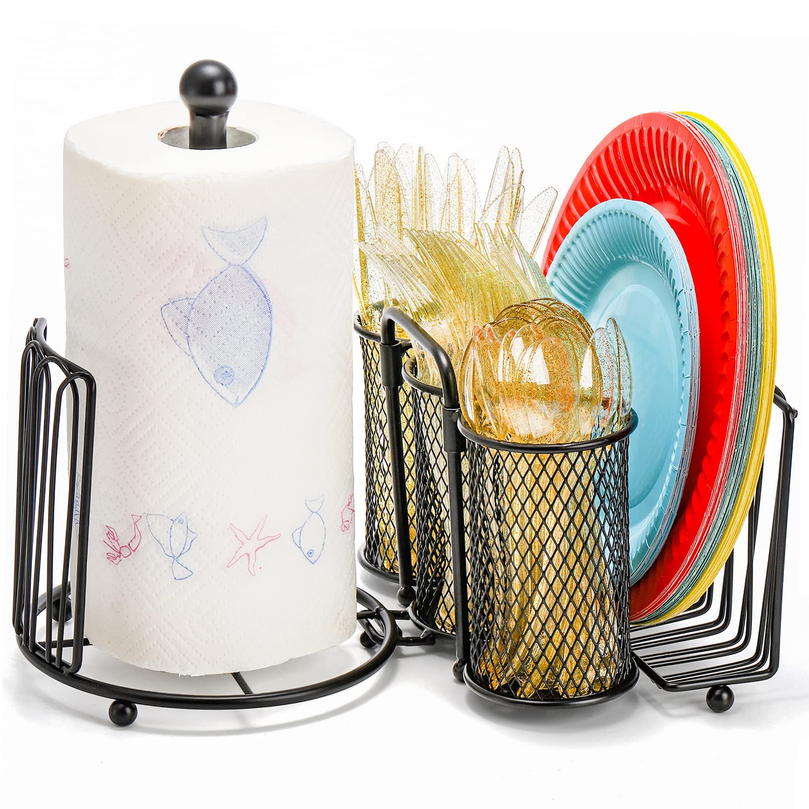 Elsjoy Stainless Steel Utensil Caddy with Paper Towel Holder - Picnic & Buffet Silverware Organizer for Plates, Cutlery & Flatware - Pull-Out Handle Design - Perfect for Outdoor Dining, Kitchen Storage & Party Serving