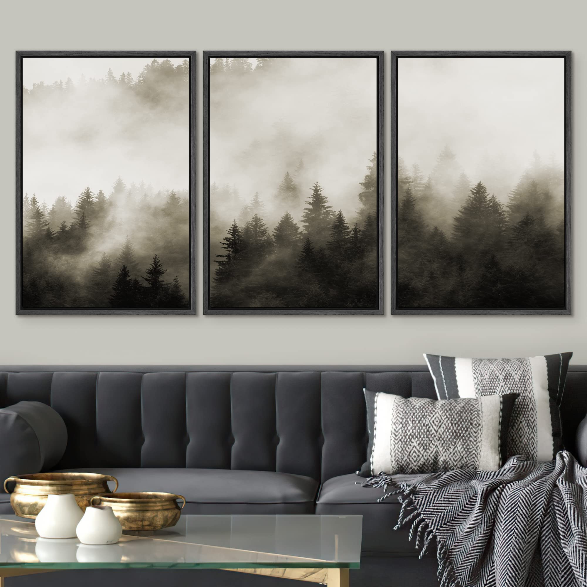 Framed Canvas Wall Art - Woodland Nursery Decor Set, Fog & Mist Over Dark Mountain Forest Nature Landscape Painting, Modern Rustic Home Decor for Living Room, Bedroom, Office - 16x24 Inches, Black Frame | Perfect for Cozy Home, Farmhouse & Cabin Interior Design