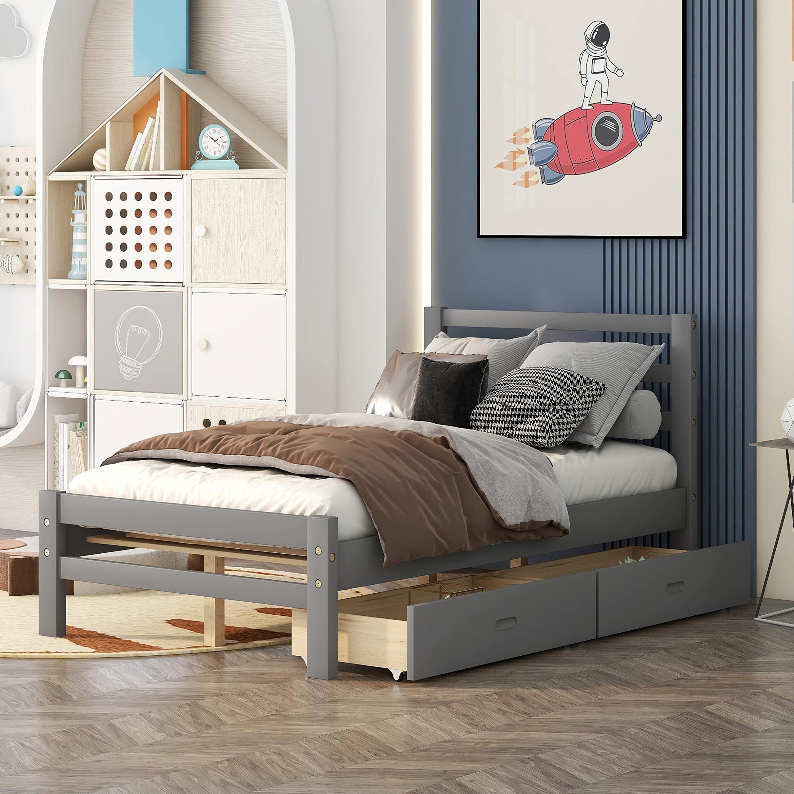 Harper & Bright Designs Twin Bed Frame with Drawers - Solid Wood Platform Bed with Storage for Kids, No Box Spring Needed, Grey - Perfect for Small Bedrooms, Guest Rooms & Kids' Rooms