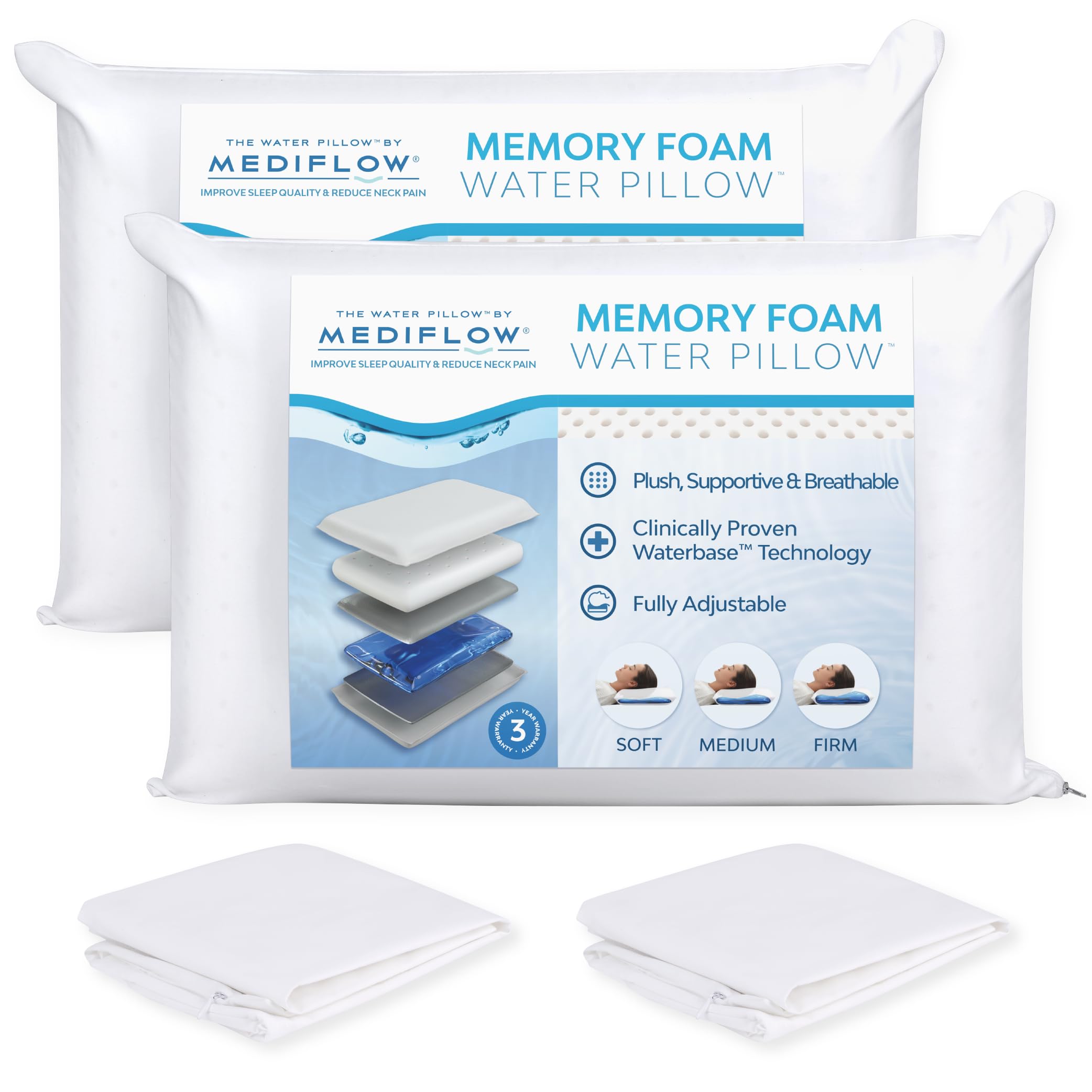 Water Pillow Memory Foam with Advanced Waterbase Technology - Clinically Proven Neck Pain Relief & Better Sleep Support (2 Pillows + 2 Protectors) for Side Sleepers, Back Pain Sufferers & Insomnia Relief