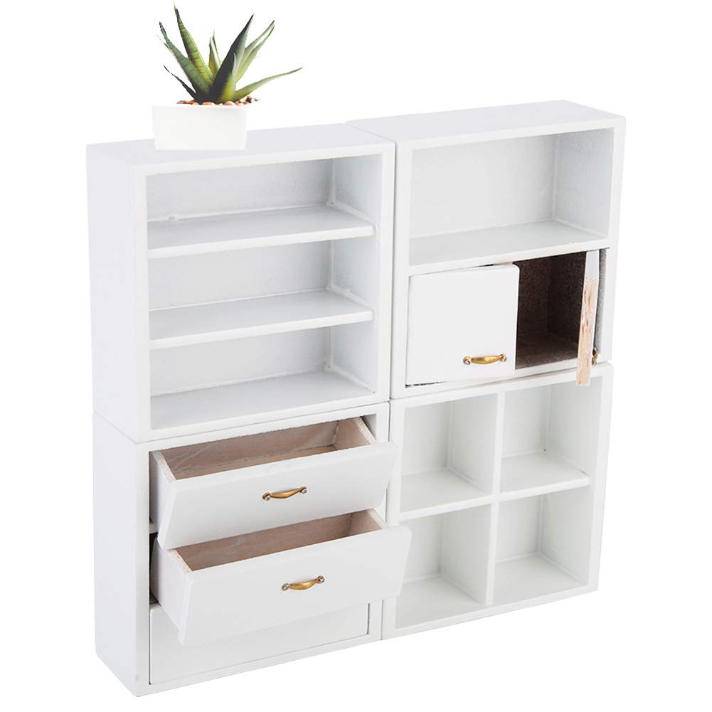 1:12 Scale Dollhouse Cabinet Furniture Set - 4pcs White Wooden Miniature Cabinet Unit for DIY Dollhouse Accessories, Perfect for Displaying Greenery, Enamelware, Books & Musical Instruments | Ideal for Dollhouse Decor, Miniature Collectors & Model Home Displays